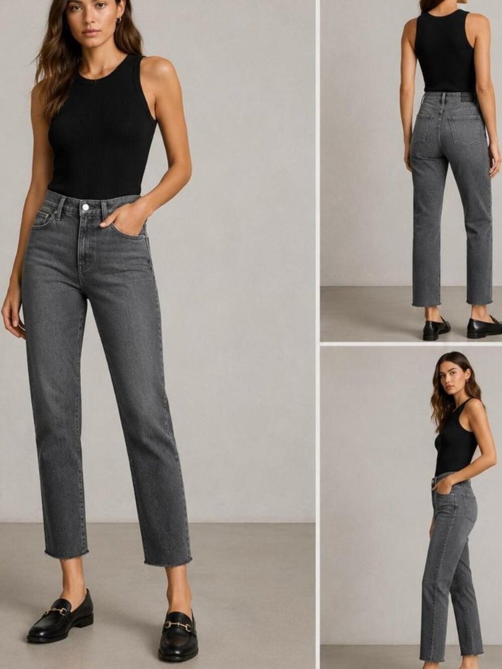Paige Cindy High Rise Straight Jeans Grey Raw Hem Size 28 Classic Minimalist